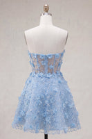 Load image into Gallery viewer, Sparkly A Line Corset Floral Blue Short Strapless Prom Dress with Beading