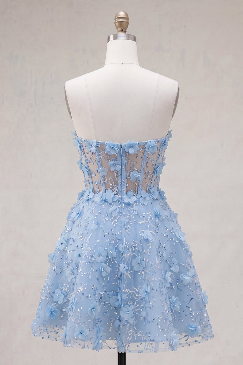 Load image into Gallery viewer, Sparkly A Line Corset Floral Blue Short Strapless Prom Dress with Beading