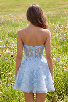 Load image into Gallery viewer, Sparkly A Line Corset Floral Blue Short Strapless Prom Dress with Beading