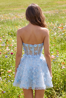 Sparkly A Line Corset Floral Blue Short Strapless Prom Dress with Beading