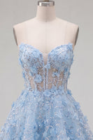 Load image into Gallery viewer, Sparkly A Line Corset Floral Blue Short Strapless Prom Dress with Beading