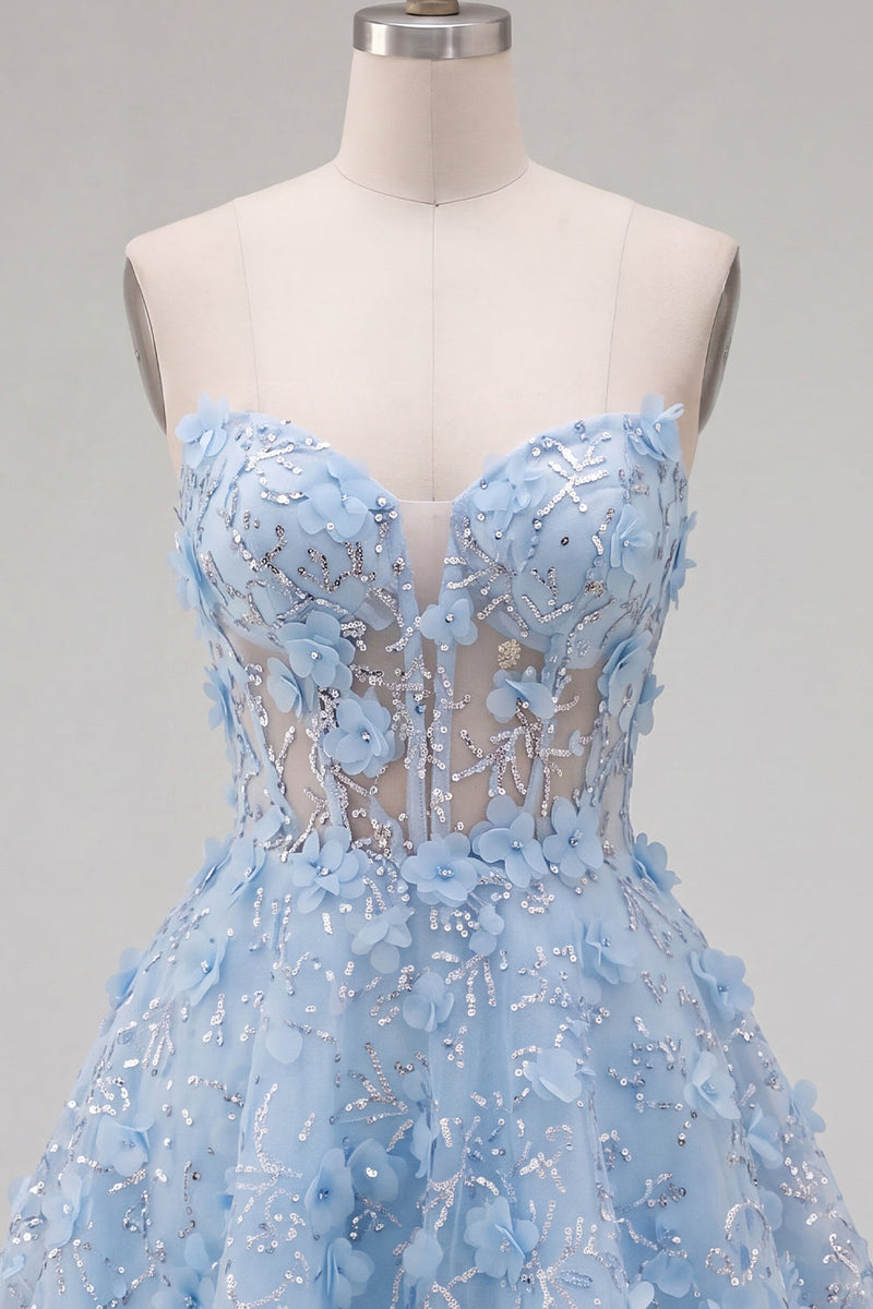 Load image into Gallery viewer, Sparkly A Line Corset Floral Blue Short Strapless Prom Dress with Beading