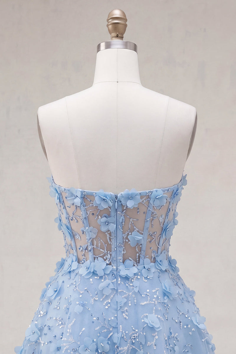 Load image into Gallery viewer, Sparkly A Line Corset Floral Blue Short Strapless Prom Dress with Beading