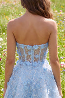 Load image into Gallery viewer, Sparkly A Line Corset Floral Blue Short Strapless Prom Dress with Beading
