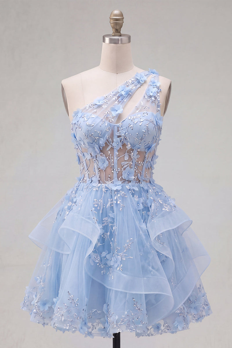 Load image into Gallery viewer, Keyhole Sparkly Blue Floral Short Beaded Corset A Line Prom Dress with Ruffles