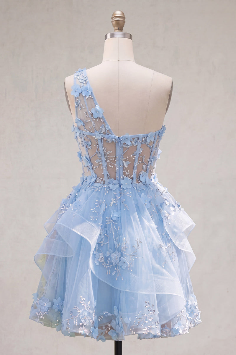 Load image into Gallery viewer, Keyhole Sparkly Blue Floral Short Beaded Corset A Line Prom Dress with Ruffles