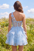 Load image into Gallery viewer, Keyhole Sparkly Blue Floral Short Beaded Corset A Line Prom Dress with Ruffles