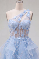 Load image into Gallery viewer, Keyhole Sparkly Blue Floral Short Beaded Corset A Line Prom Dress with Ruffles