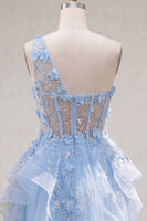 Load image into Gallery viewer, Keyhole Sparkly Blue Floral Short Beaded Corset A Line Prom Dress with Ruffles