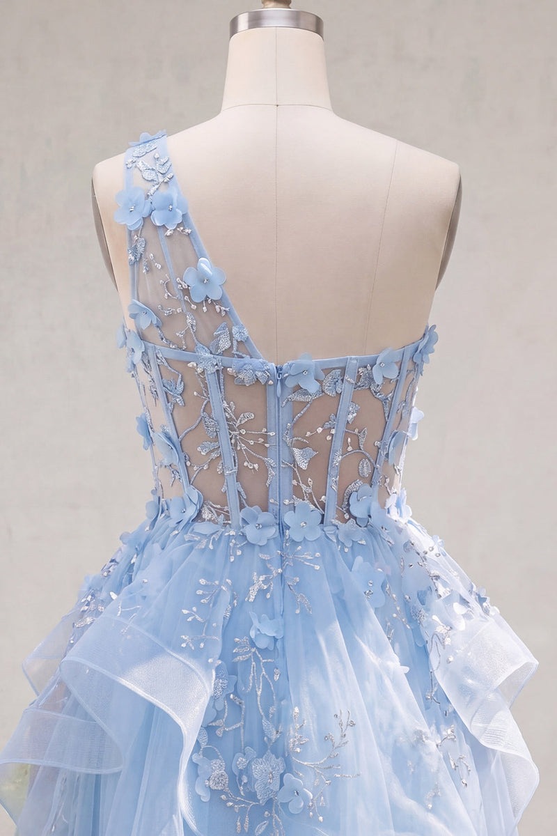 Load image into Gallery viewer, Keyhole Sparkly Blue Floral Short Beaded Corset A Line Prom Dress with Ruffles