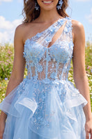 Load image into Gallery viewer, Keyhole Sparkly Blue Floral Short Beaded Corset A Line Prom Dress with Ruffles