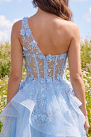 Load image into Gallery viewer, Keyhole Sparkly Blue Floral Short Beaded Corset A Line Prom Dress with Ruffles