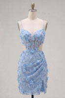 Load image into Gallery viewer, Floral Sparkly Blue Tight Corset Short Cut Out Beaded Prom Dress with Slit