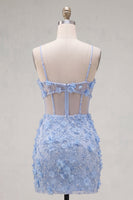 Load image into Gallery viewer, Floral Sparkly Blue Tight Corset Short Cut Out Beaded Prom Dress with Slit
