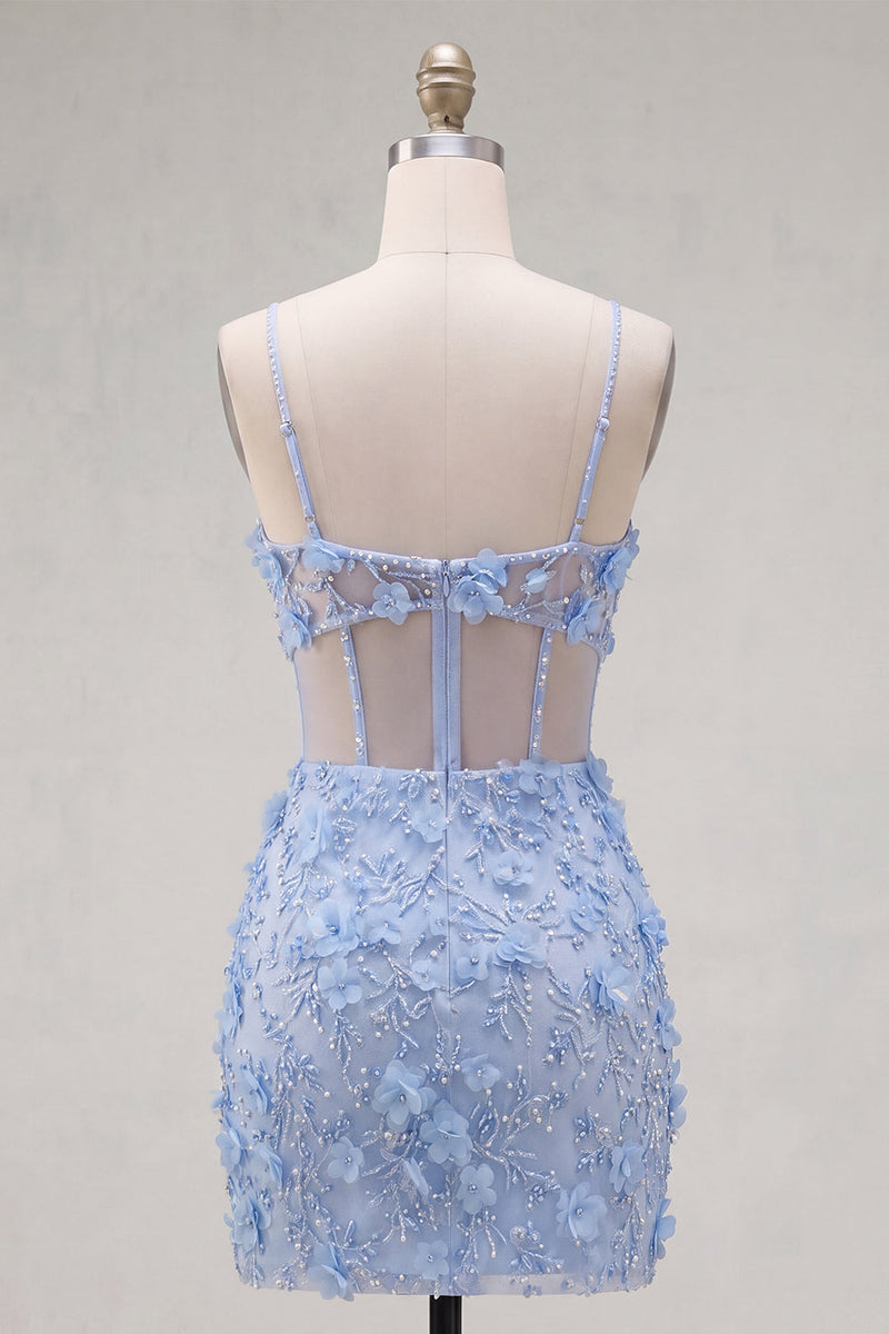 Load image into Gallery viewer, Floral Sparkly Blue Tight Corset Short Cut Out Beaded Prom Dress with Slit