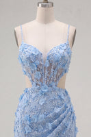 Load image into Gallery viewer, Floral Sparkly Blue Tight Corset Short Cut Out Beaded Prom Dress with Slit