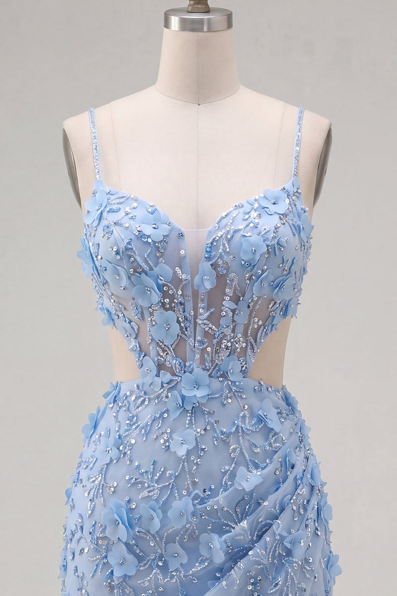 Load image into Gallery viewer, Floral Sparkly Blue Tight Corset Short Cut Out Beaded Prom Dress with Slit