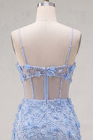 Load image into Gallery viewer, Floral Sparkly Blue Tight Corset Short Cut Out Beaded Prom Dress with Slit