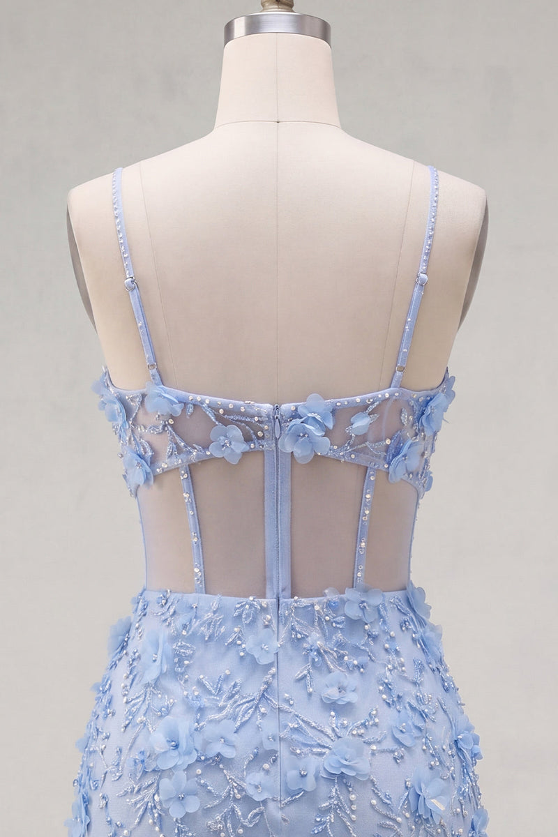 Load image into Gallery viewer, Floral Sparkly Blue Tight Corset Short Cut Out Beaded Prom Dress with Slit