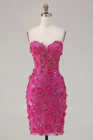 Load image into Gallery viewer, Sparkly Fuchsia Corset Floral Sweetheart Tight Short Prom Dress with Beading