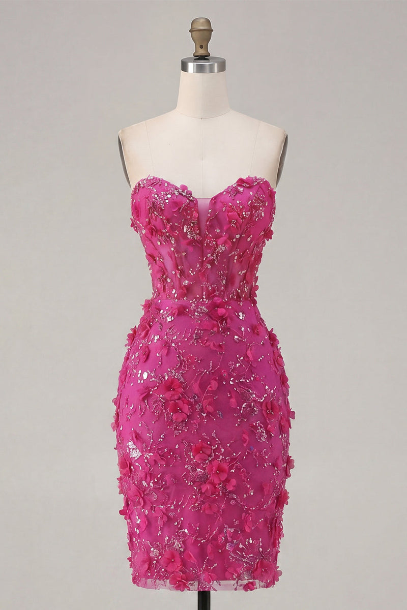 Load image into Gallery viewer, Sparkly Fuchsia Corset Floral Sweetheart Tight Short Prom Dress with Beading