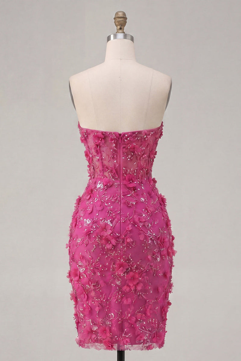 Load image into Gallery viewer, Sparkly Fuchsia Corset Floral Sweetheart Tight Short Prom Dress with Beading