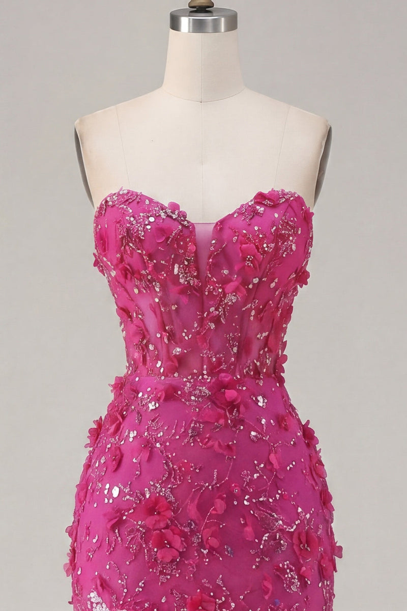 Load image into Gallery viewer, Sparkly Fuchsia Corset Floral Sweetheart Tight Short Prom Dress with Beading