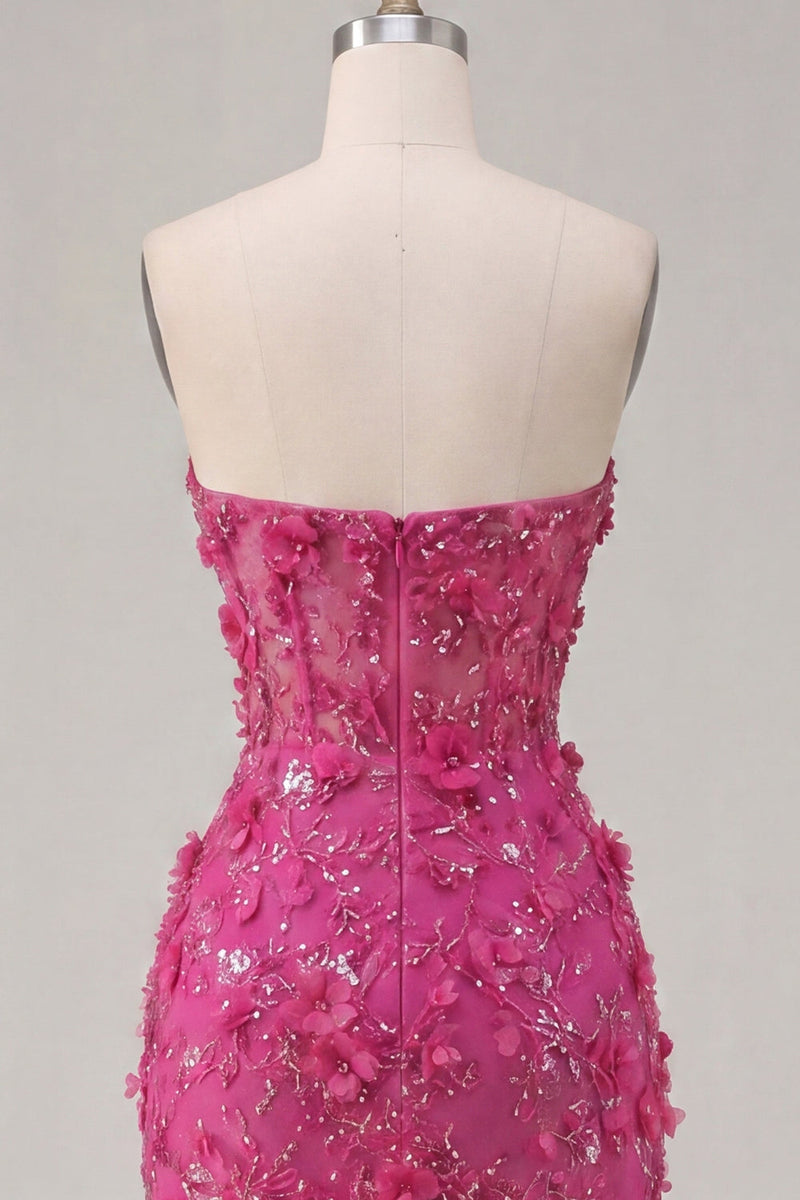 Load image into Gallery viewer, Sparkly Fuchsia Corset Floral Sweetheart Tight Short Prom Dress with Beading