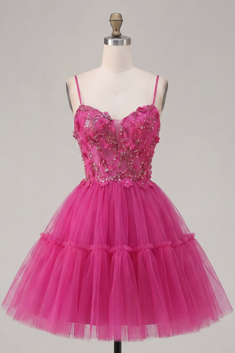 Load image into Gallery viewer, A Line Sparkly Fuchsia Corset Beaded Floral Short Spaghetti Straps Prom Dress