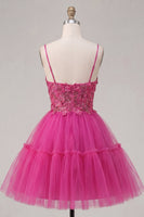 Load image into Gallery viewer, A Line Sparkly Fuchsia Corset Beaded Floral Short Spaghetti Straps Prom Dress