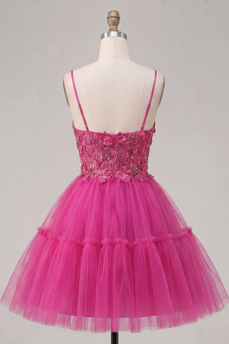 Load image into Gallery viewer, A Line Sparkly Fuchsia Corset Beaded Floral Short Spaghetti Straps Prom Dress