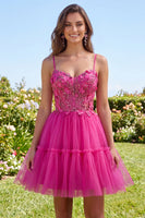 Load image into Gallery viewer, A Line Sparkly Fuchsia Corset Beaded Floral Short Spaghetti Straps Prom Dress
