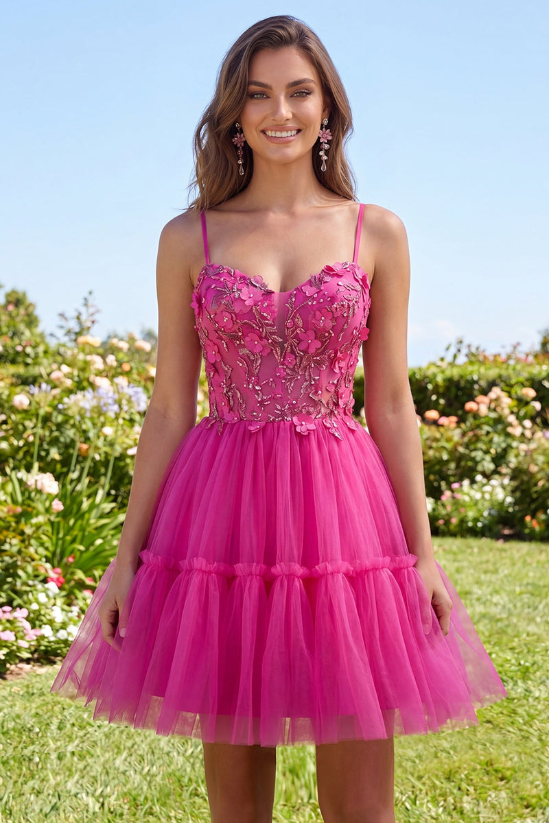 Load image into Gallery viewer, A Line Sparkly Fuchsia Corset Beaded Floral Short Spaghetti Straps Prom Dress