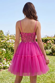 A Line Sparkly Fuchsia Corset Beaded Floral Short Spaghetti Straps Prom Dress