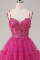 Load image into Gallery viewer, A Line Sparkly Fuchsia Corset Beaded Floral Short Spaghetti Straps Prom Dress