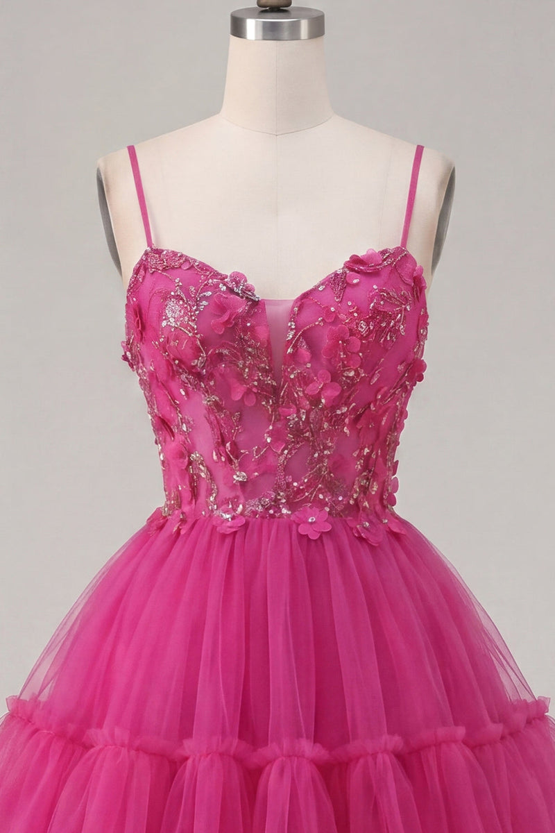 Load image into Gallery viewer, A Line Sparkly Fuchsia Corset Beaded Floral Short Spaghetti Straps Prom Dress