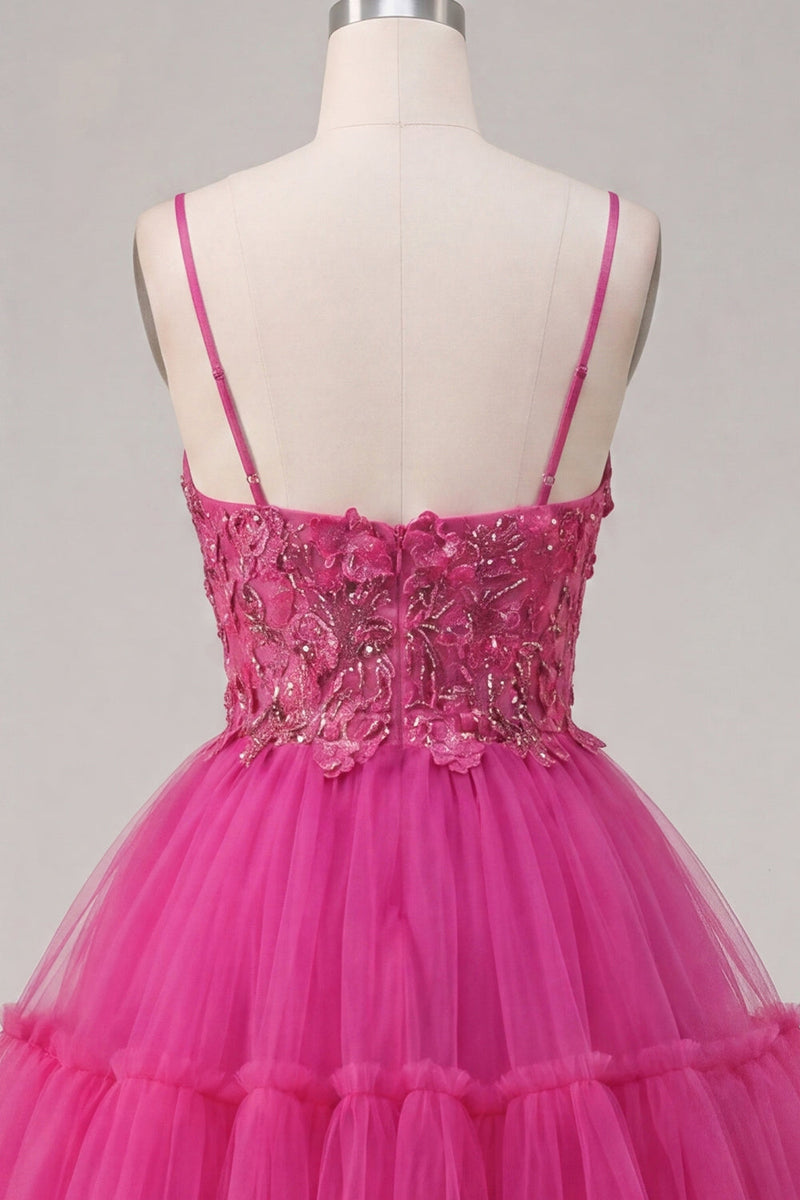 Load image into Gallery viewer, A Line Sparkly Fuchsia Corset Beaded Floral Short Spaghetti Straps Prom Dress