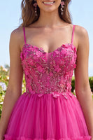 Load image into Gallery viewer, A Line Sparkly Fuchsia Corset Beaded Floral Short Spaghetti Straps Prom Dress
