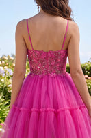 Load image into Gallery viewer, A Line Sparkly Fuchsia Corset Beaded Floral Short Spaghetti Straps Prom Dress