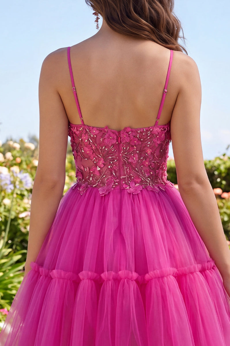 Load image into Gallery viewer, A Line Sparkly Fuchsia Corset Beaded Floral Short Spaghetti Straps Prom Dress