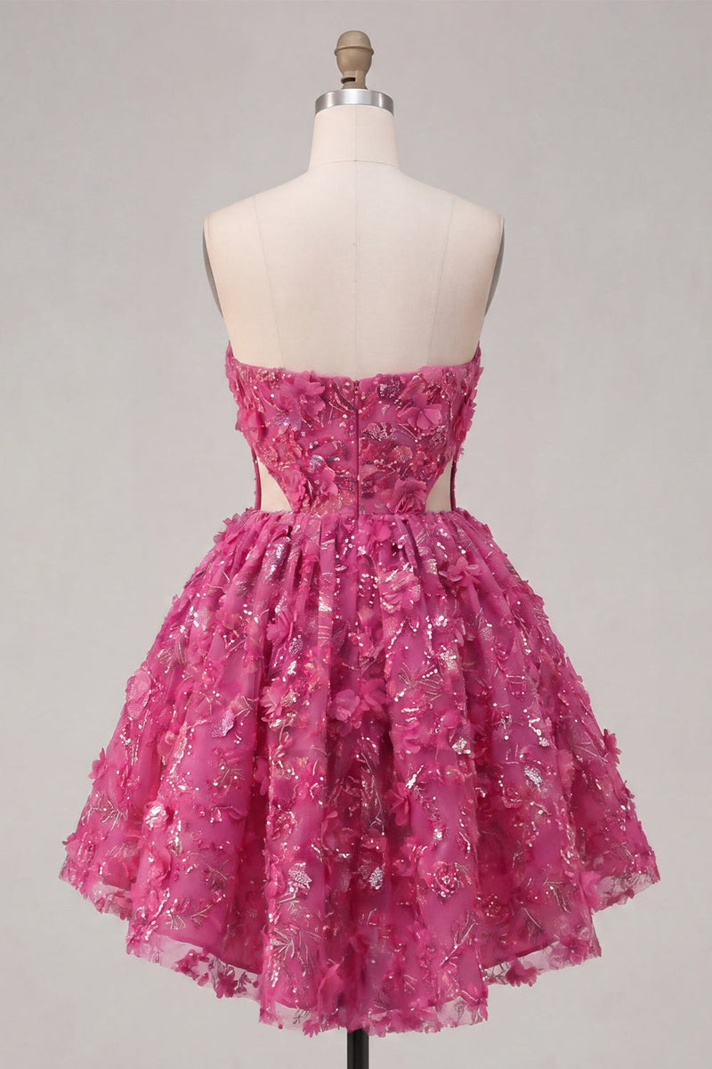 Load image into Gallery viewer, Sparkly Fuchsia Cut Out Floral A Line Corset Beaded Short Prom Dress