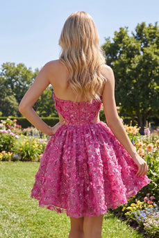 Sparkly Fuchsia Cut Out Floral A Line Corset Beaded Short Prom Dress