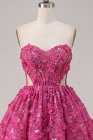 Load image into Gallery viewer, Sparkly Fuchsia Cut Out Floral A Line Corset Beaded Short Prom Dress