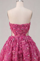 Load image into Gallery viewer, Sparkly Fuchsia Cut Out Floral A Line Corset Beaded Short Prom Dress