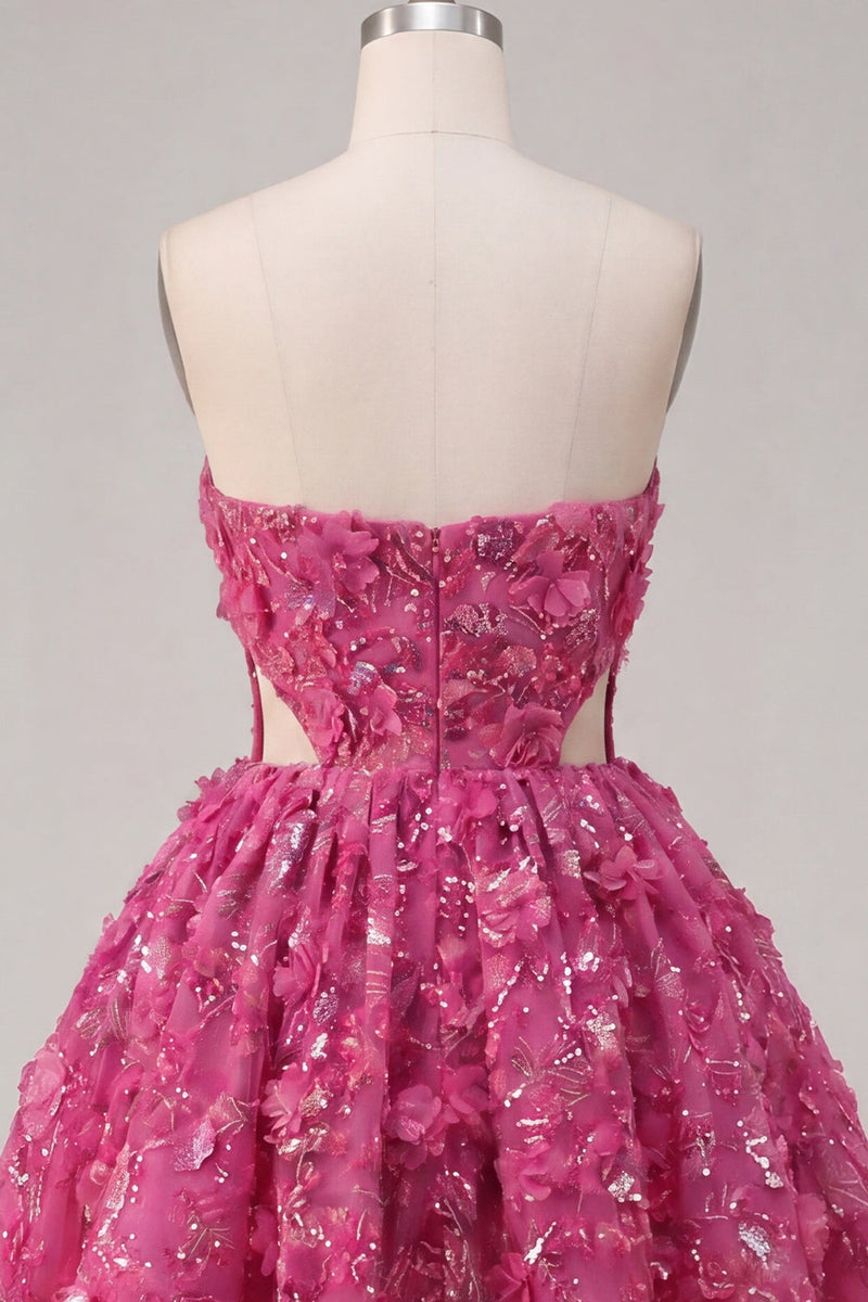 Load image into Gallery viewer, Sparkly Fuchsia Cut Out Floral A Line Corset Beaded Short Prom Dress