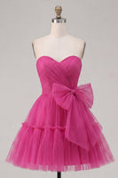 Load image into Gallery viewer, Fuchsia A Line Sweetheart Ruched Short Prom Dress with Bow