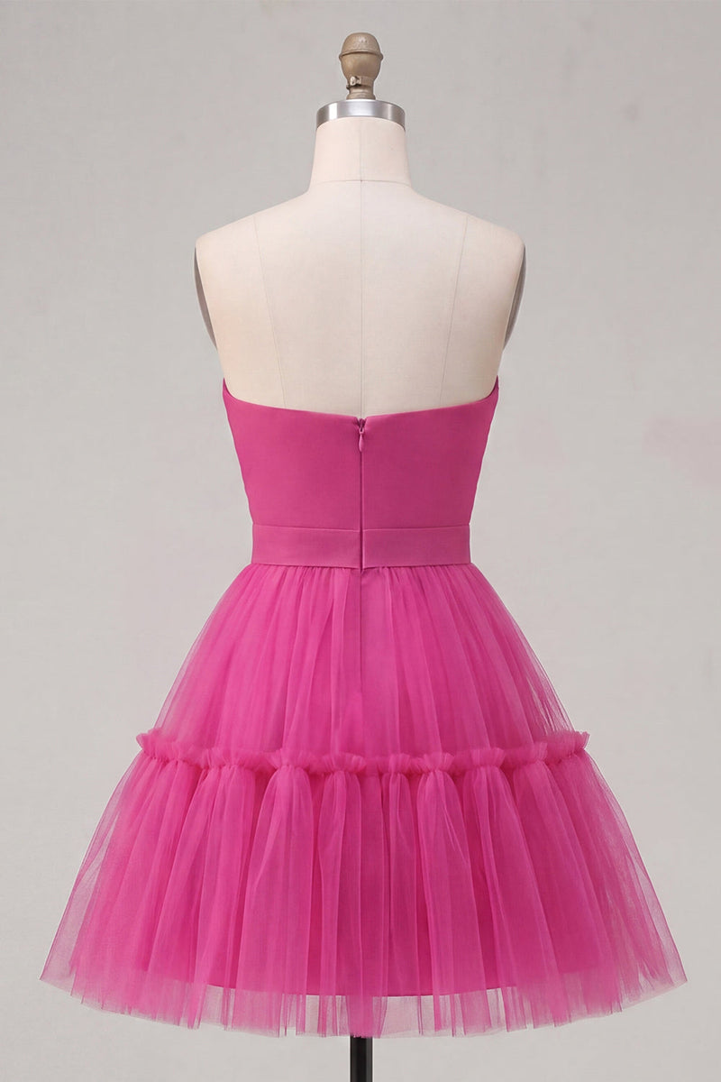 Load image into Gallery viewer, Fuchsia A Line Sweetheart Ruched Short Prom Dress with Bow