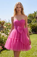 Load image into Gallery viewer, Fuchsia A Line Sweetheart Ruched Short Prom Dress with Bow