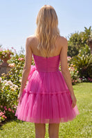 Load image into Gallery viewer, Fuchsia A Line Sweetheart Ruched Short Prom Dress with Bow