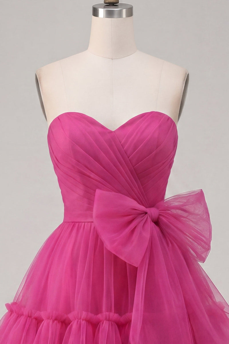 Load image into Gallery viewer, Fuchsia A Line Sweetheart Ruched Short Prom Dress with Bow